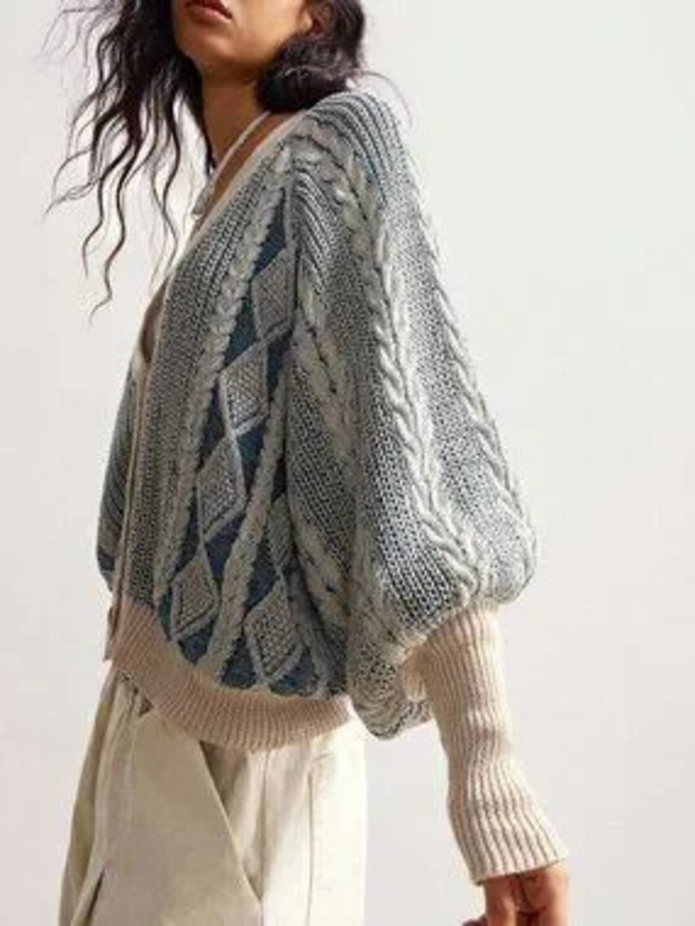 ZARA Blue Casual Women's Minimalist Lantern Sleeve Single-Breasted Knit Cardigan